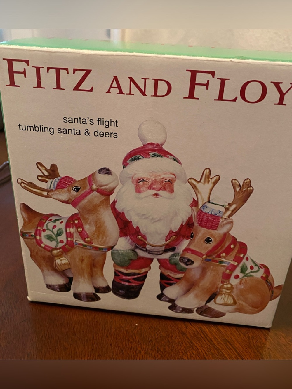 Fitz and Floyd Santa’s Flight with tumbling Santa and deer Figurine Set